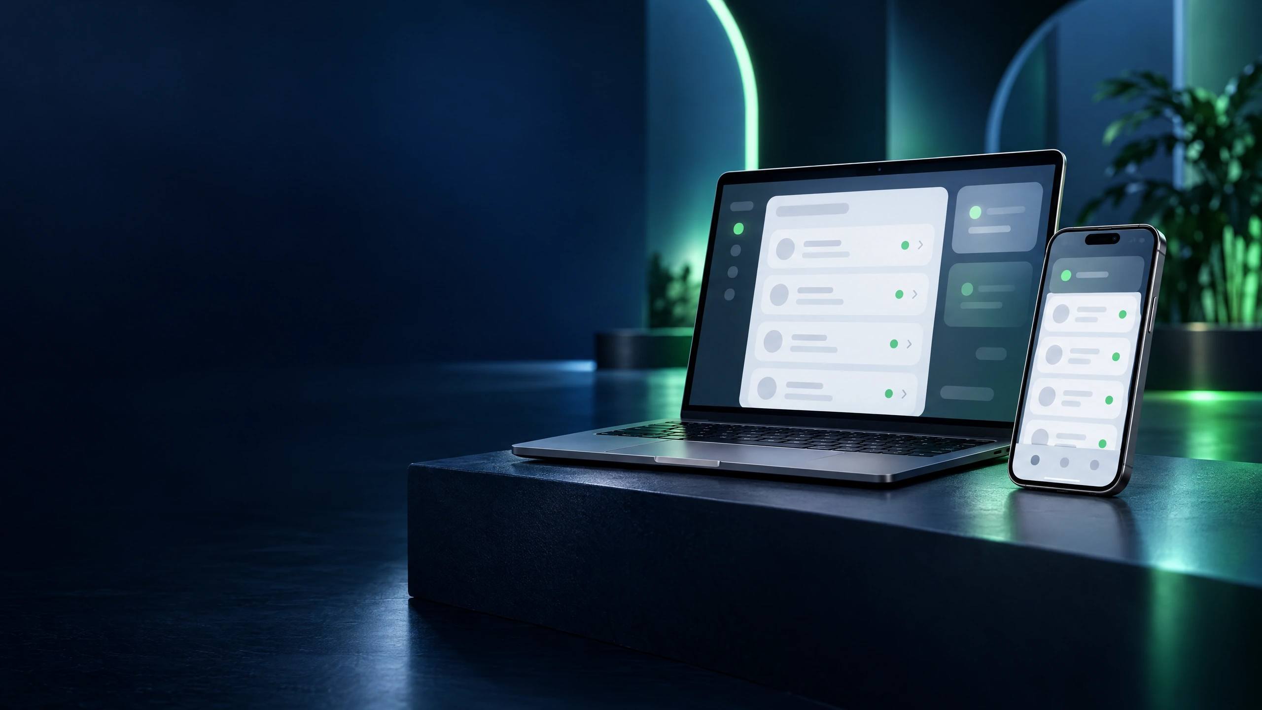 ภาพแนวคิดอุปกรณ์ laptop และ smartphone โทน Care Tech ไม่ใช่หน้าจอระบบจริง